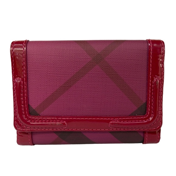 Burberry Nova Plaid Patent Leather Trim Bifold Wallet Magenta and Black - Picture 1 of 14